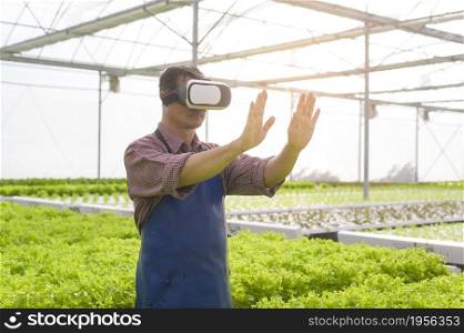 Happy senior farmer wearing vr box in hydroponic greenhouse farm, clean food and agricultural technology concept