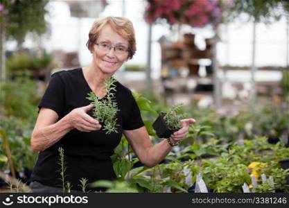 Happy senior woman holding small potted plants