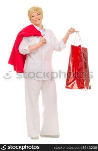 Happy senior woman with bag isolated