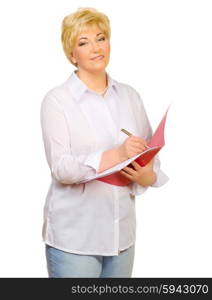 Happy senior woman with folder isolated