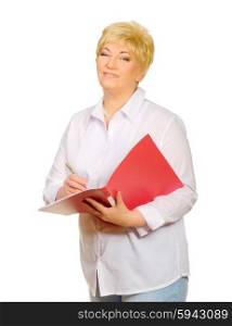 Happy senior woman with folder isolated