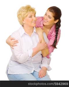 Happy senior woman with her daughter isolated