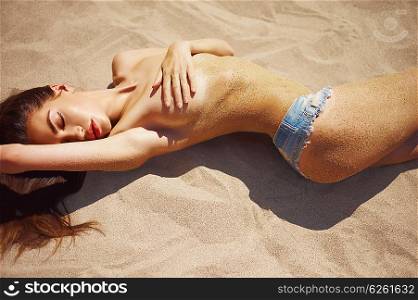 happy sexy beauty relax on sea. Summer travel photo with topless woman