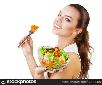 happy sexy woman with salad on white background