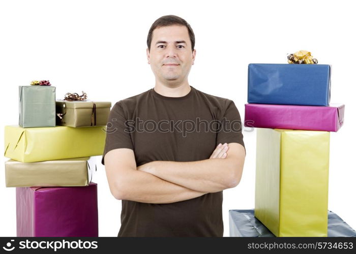 happy silly salesman with some boxes, isolated on white