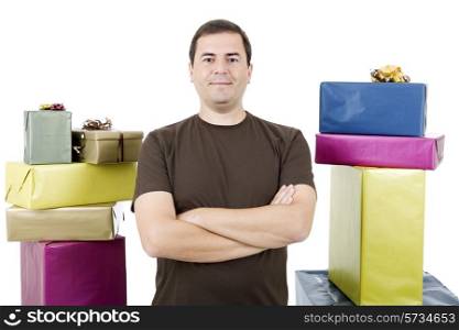 happy silly salesman with some boxes, isolated on white