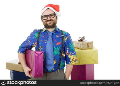 happy silly salesman with some boxes, isolated on white