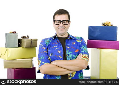 happy silly salesman with some boxes, isolated on white