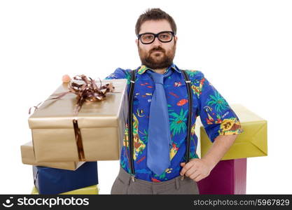 happy silly salesman with some boxes, isolated on white