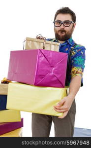 happy silly salesman with some boxes, isolated on white