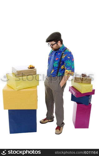 happy silly salesman with some boxes, isolated on white