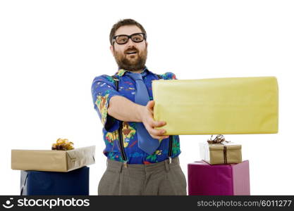 happy silly salesman with some boxes, isolated on white