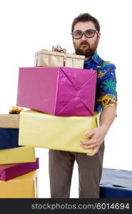 happy silly salesman with some boxes, isolated on white