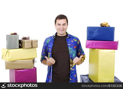 happy silly salesman with some boxes, isolated on white