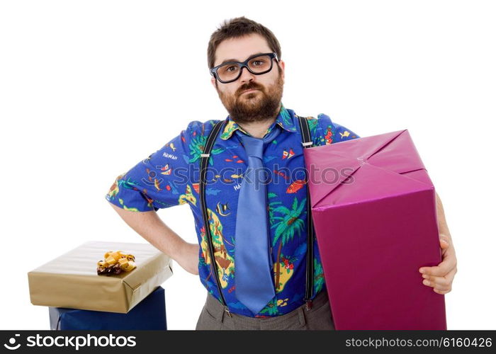 happy silly salesman with some boxes, isolated on white