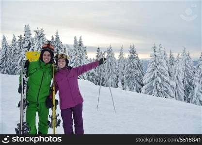 happy ski people at mountaint on winter have fun on snow sports