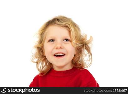 Happy small blond child whith red jersey isolated on a white background