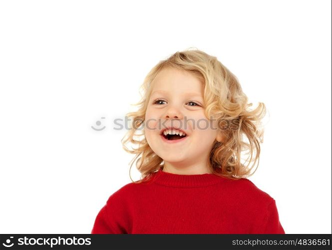 Happy small blond child whith red jersey isolated on a white background
