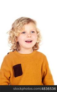 Happy small blond child whith yellow jersey isolated on a white background