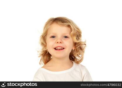 Happy small blond kid isolated on a white background