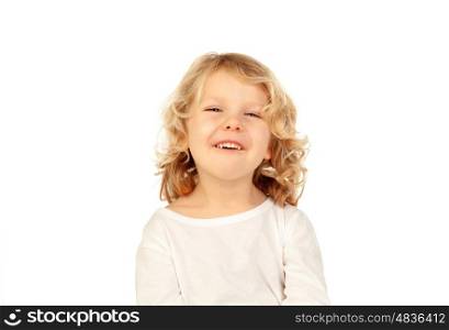 Happy small blond kid isolated on a white background