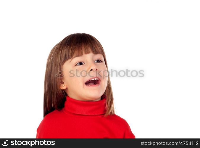 Happy small girl looking up isolated on a white background