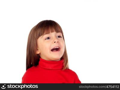 Happy small girl looking up isolated on a white background