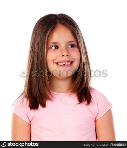 Happy small girl with long straight hair isolated on a white background