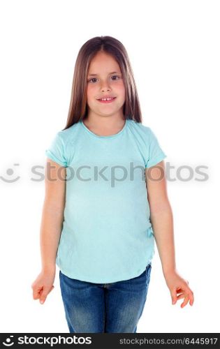 Happy small girl with straight hair isolated on a white background
