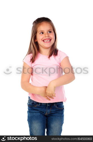 Happy small girl with straight hair isolated on a white background