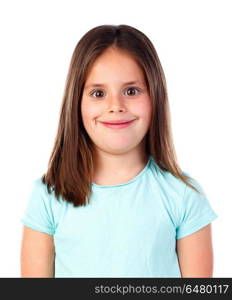 Happy small girl with straight hair isolated on a white background