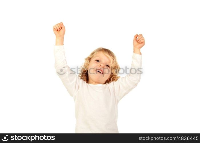 Happy small kid raising his arms isolated on a white background