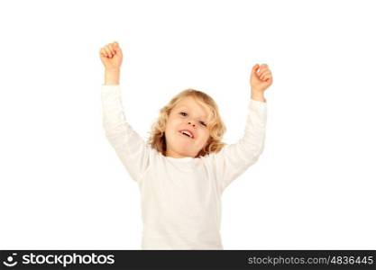 Happy small kid raising his arms isolated on a white background