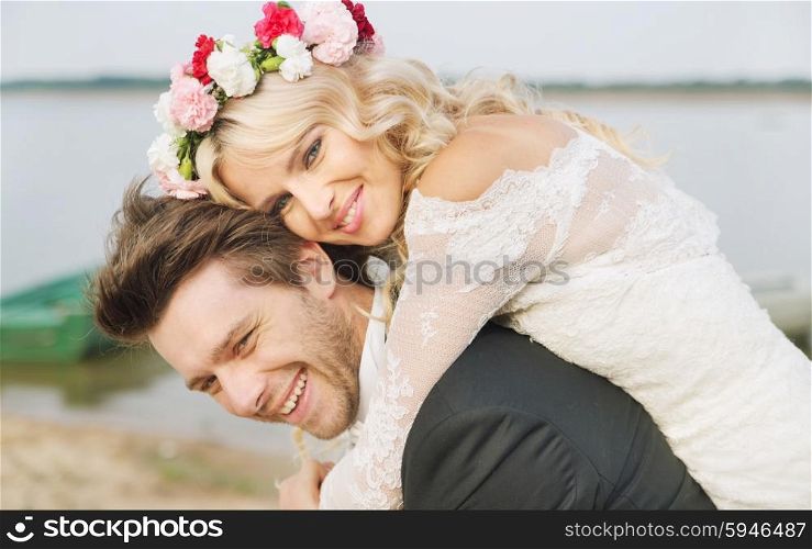 Happy smiled marriage couple hugging