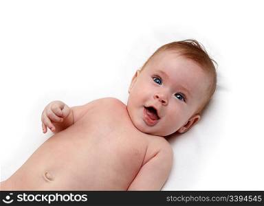 happy smiling baby on white sheet