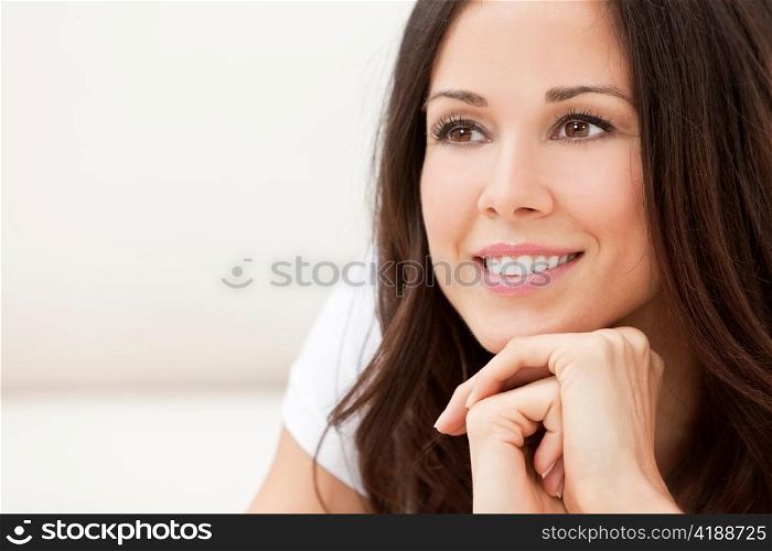 Happy Smiling Beautiful Woman Resting on Her Hands