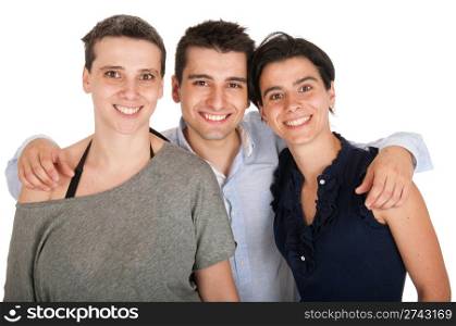 happy smiling brother and his two sisters portrait (isolated on white background)