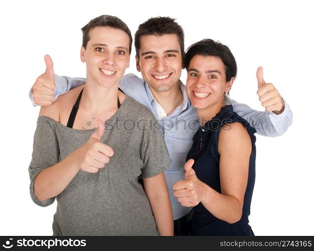 happy smiling brother and sisters showing thumbs up sign (isolated on white background)