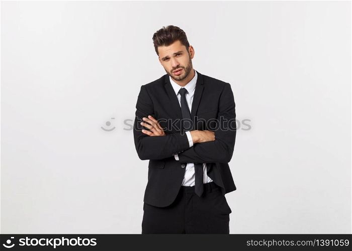 Happy smiling businessman looking at camera with satisfaction, isolated on white background.. Happy smiling businessman looking at camera with satisfaction, isolated on white background