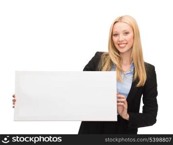 happy smiling businesswoman with white blank board