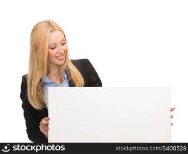 happy smiling businesswoman with white blank board
