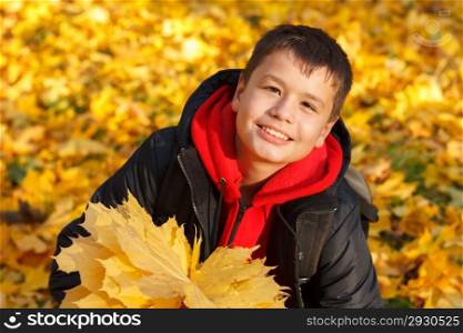 happy smiling caucasian boy with autumn maple leaves on a sunny day in the park