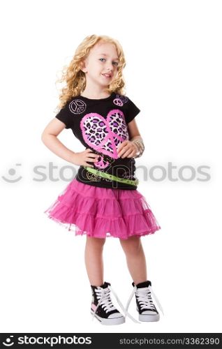 Happy smiling child girl in fashion rock and roll outfit shirt and skirt with attitude expression, isolated.