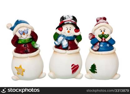 Happy smiling Christmas white Snowmen dressed with scarves and hats, see, hear and speak no Evil, covering eyes, ears and mouth, isolated.