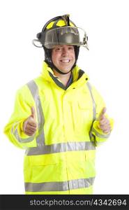 Happy, smiling firefighter giving two thumbs up. Isolated on white.