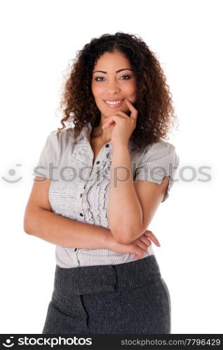 Happy smiling formal corporate business woman with curly hair full confidence standing, isolated.