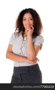 Happy smiling formal corporate business woman with curly hair full confidence standing, isolated.