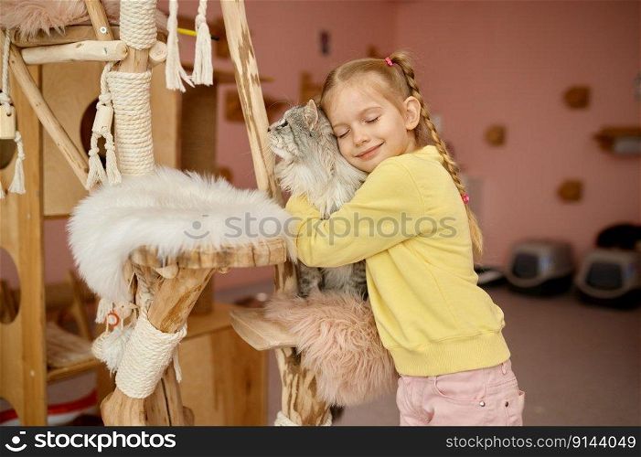 Happy smiling girl petting fluffy cat having fun time in animal shelter. Cheerful child hugging big fluffy kitten. Happy smiling girl petting fluffy cat having fun time in animal shelter