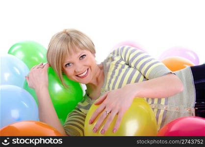 Happy smiling girl with colorful balloons. Isolated on white background