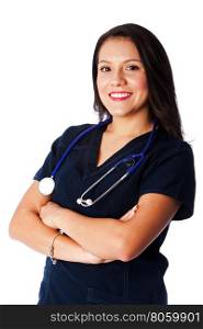 Happy smiling health care female nurse in medical profession with arms crossed and stethoscope, on white.
